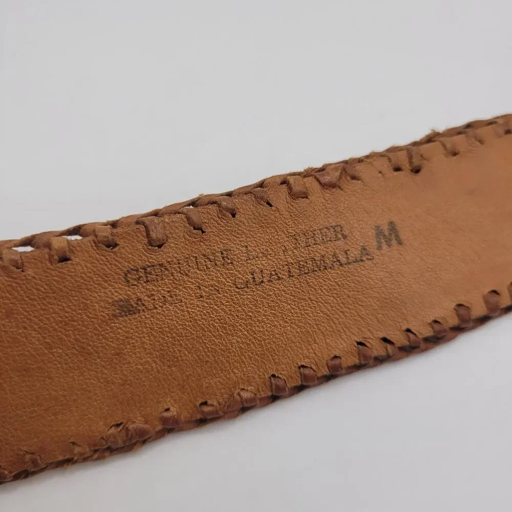 Brown Leather Belt Med Braided Woven Multicolor Stripe Artisan Ethnic Whipstitch